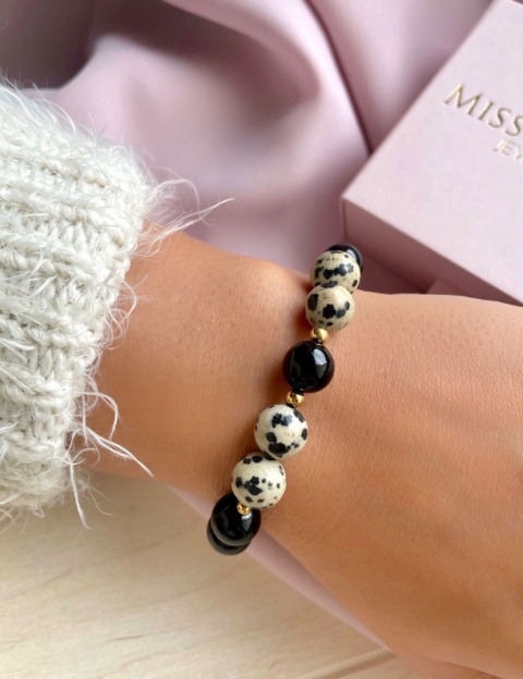 Czarna bransoletka z kamieni naturalnych z jaspisem dalmatyńskim